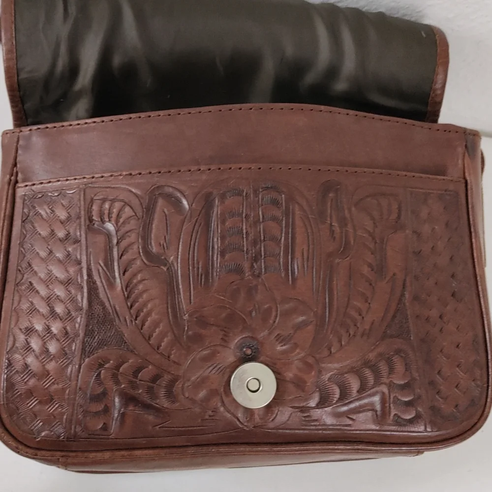 Leaders In Leather Vntg Tooled Leather Pony Hair Flap Messenger Crossbody Bag